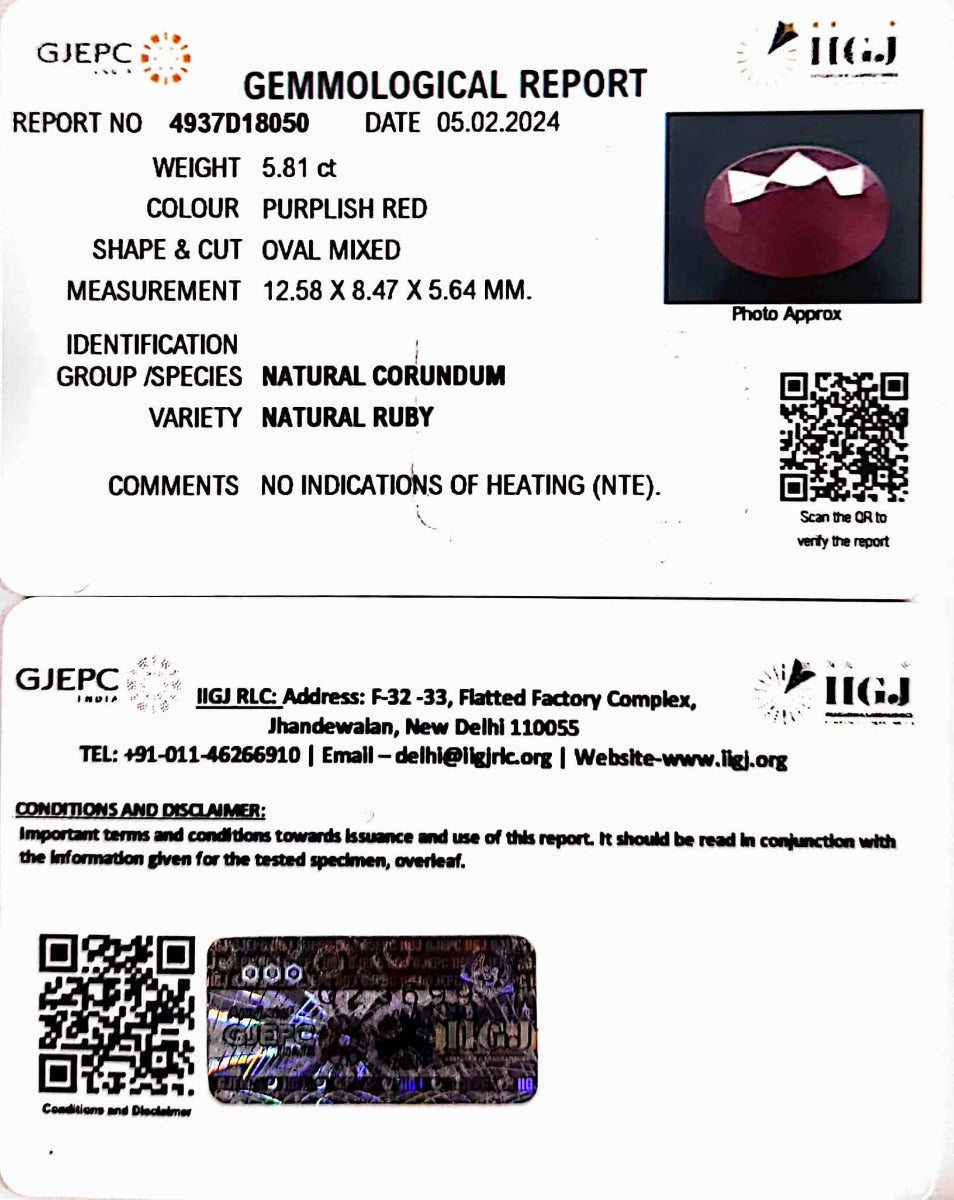 5.81/CT Natural Mozambique Ruby with Govt. Lab Certificate-7881