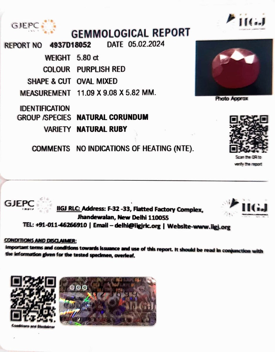 5.80/CT Natural Mozambique Ruby with Govt. Lab Certificate-12210