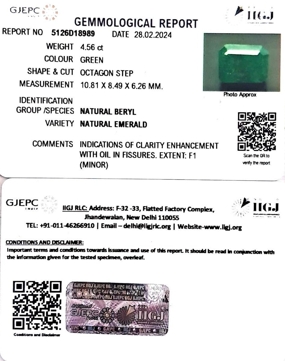 4.56/CT Natural Panna Stone with Govt. Lab Certificate (6771)