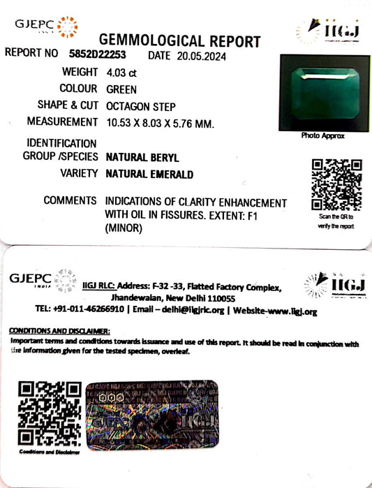 4.03/CT Natural Panna Stone with Govt. Lab Certificate-1221