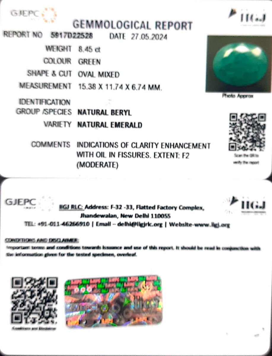 8.45/CT Natural Panna Stone with Govt. Lab Certificate-3441