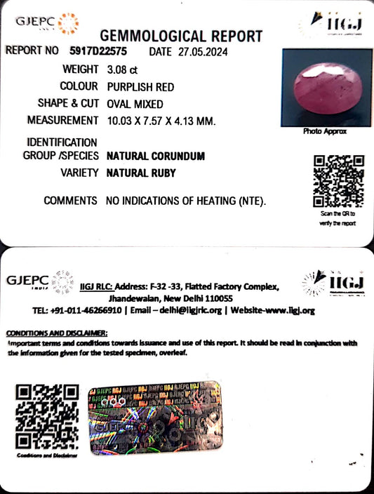 3.08/CT Natural Mozambique Ruby with Govt. Lab Certificate-12210