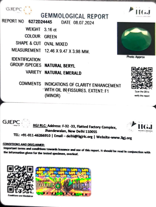 3.16/CT Natural Panna Stone with Govt. Lab Certificate-3441