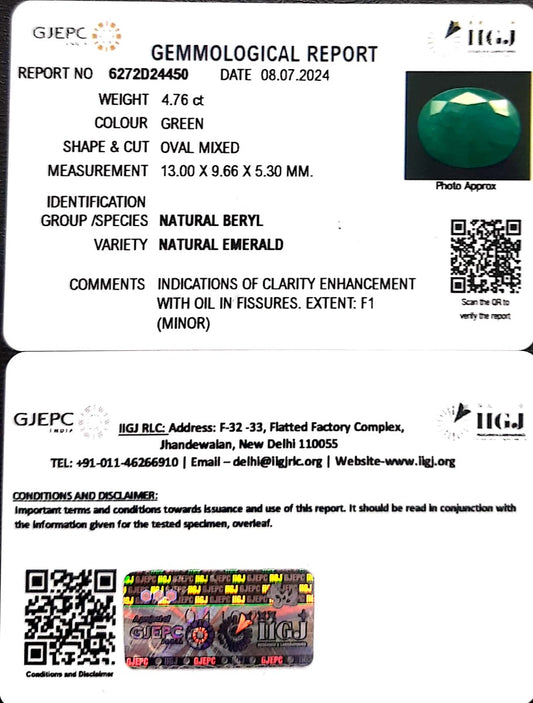 4.76/CT Natural Panna Stone with Govt. Lab Certificate-1665