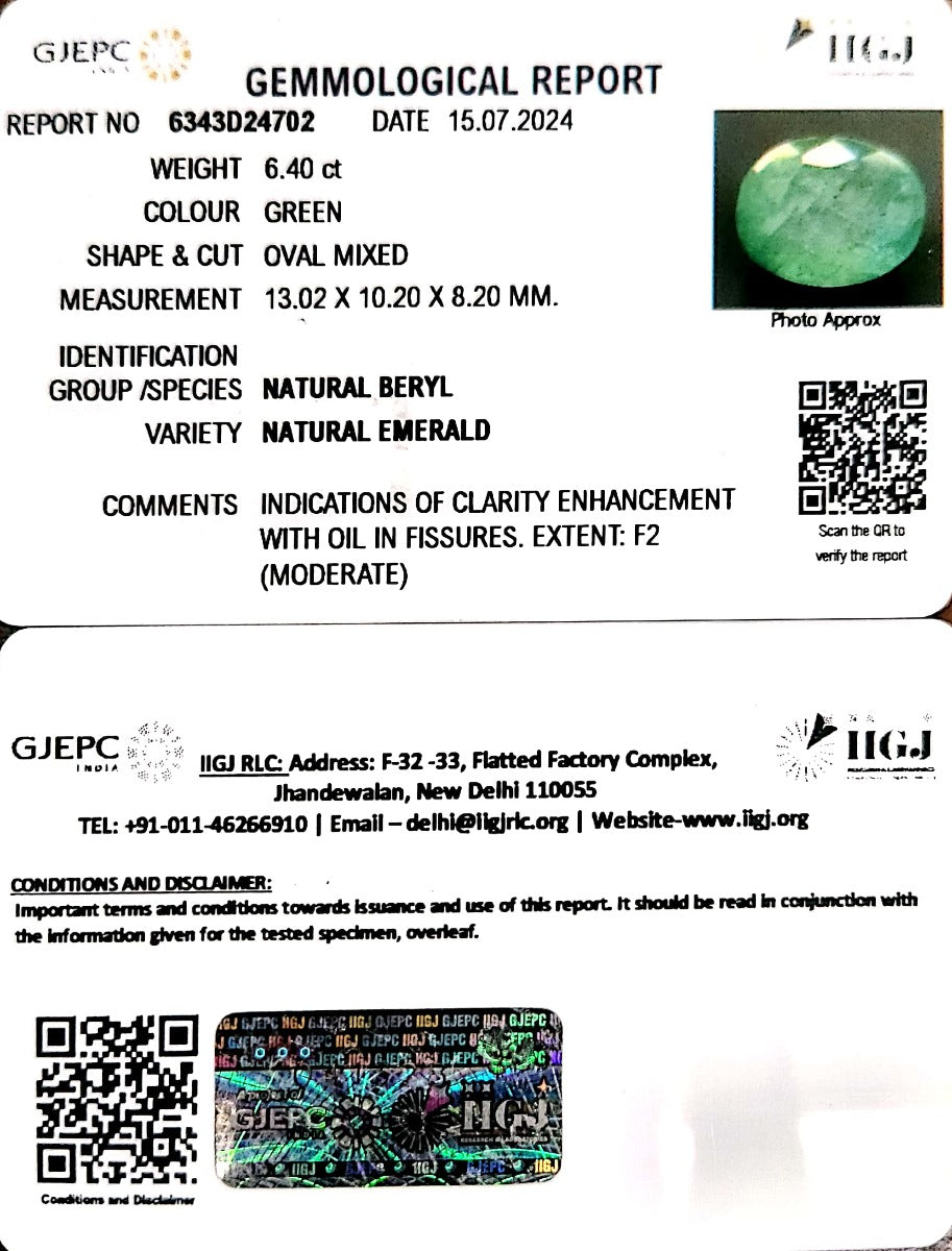 6.40/CT Natural Panna Stone with Govt. Lab Certificate-3441