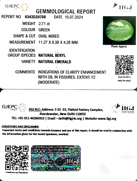 2.71/CT Natural Panna Stone with Govt. Lab Certificate-2331