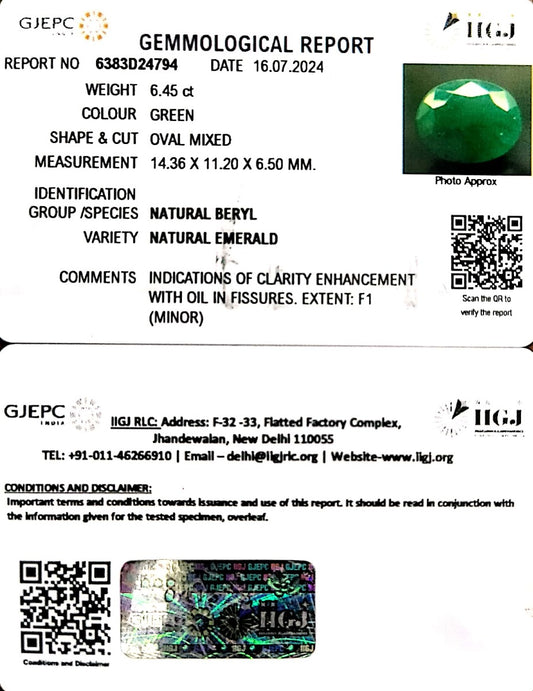 6.45/CT Natural Panna Stone with Govt. Lab Certificate-6771