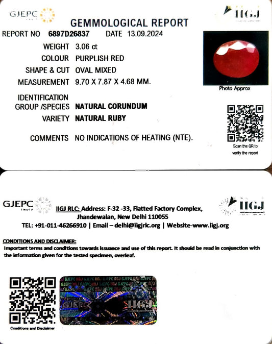 3.06/CT Natural Mozambique Ruby with Govt. Lab Certificate-34410