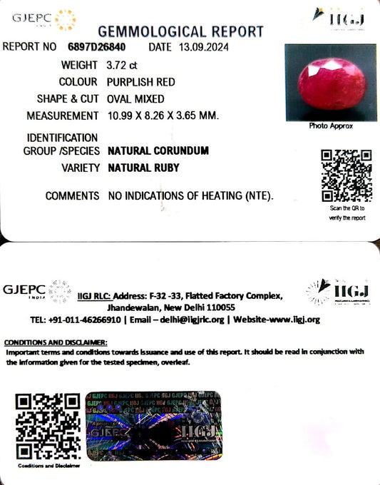 3.72/CT Natural Mozambique Ruby with Govt. Lab Certificate-34410