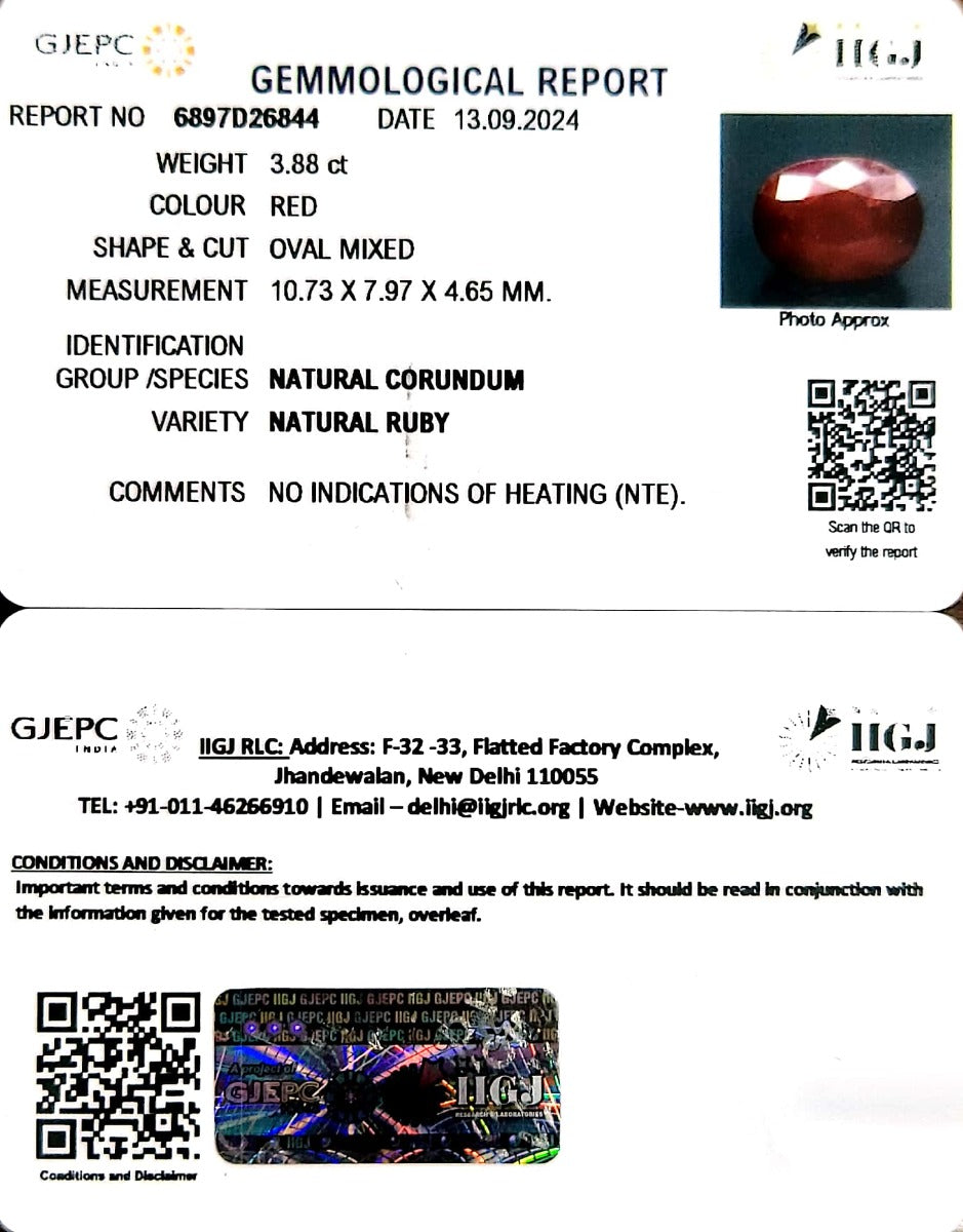 3.88/CT Natural Mozambique Ruby with Govt. Lab Certificate-34410