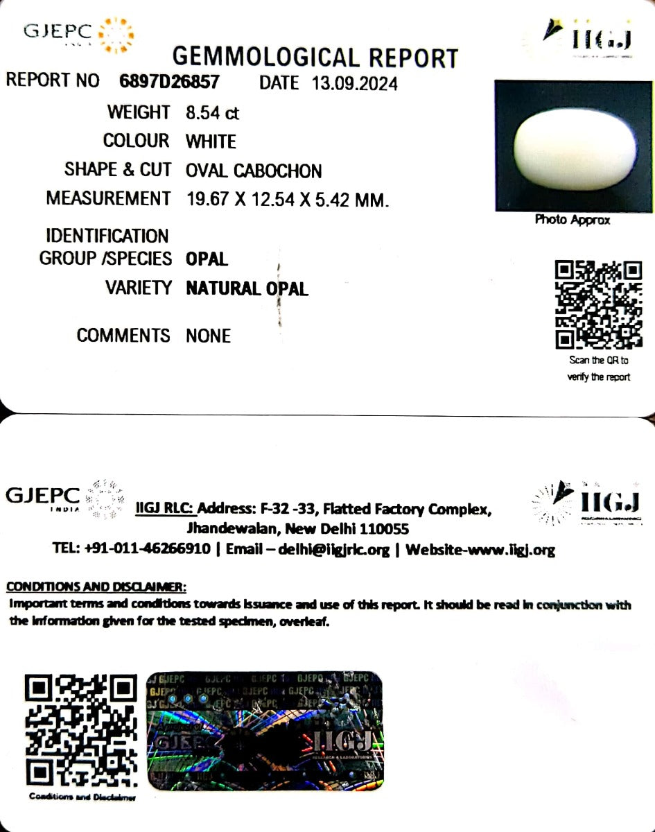 8.54/CT Natural Opal with Govt. Lab Certificate-832