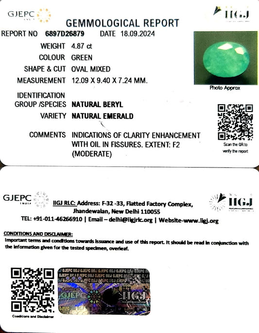 4.87/CT Natural Panna Stone with Govt. Lab Certificate-1221