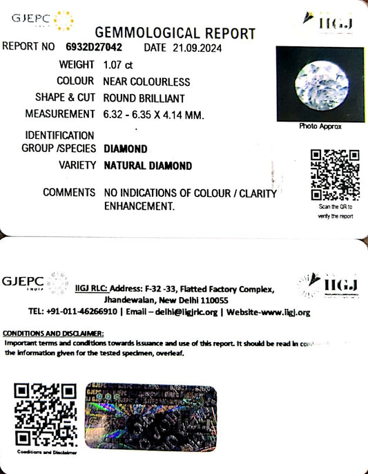 1.07/Cents Natural Diamond with Govt. Lab Certificate-160000