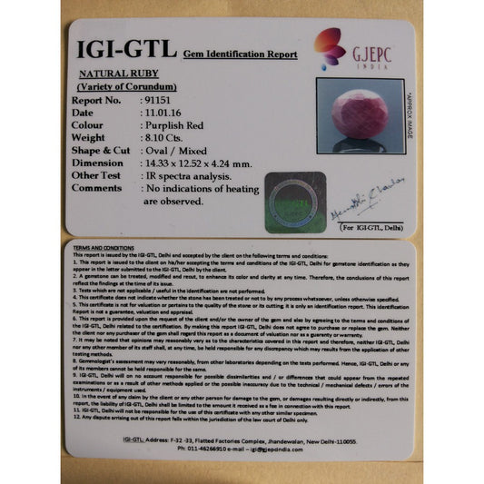 9.00 Ratti Natural Indian Ruby with Govt. Lab Certificate-(1221)