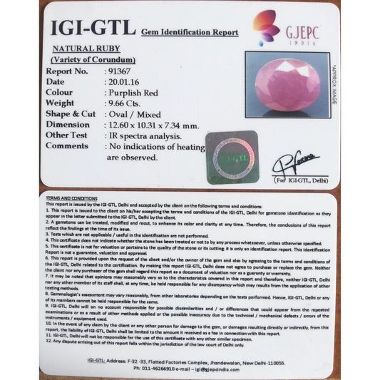 9.66/CT Natural Neo Burma Ruby with Govt. Lab Certificate (5661)