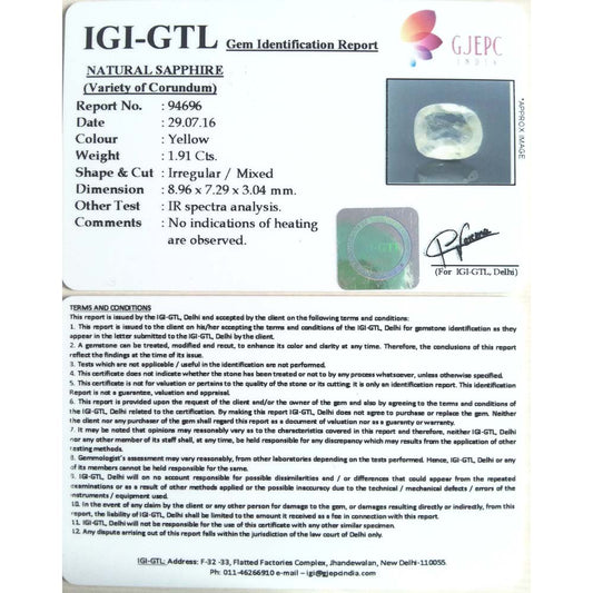 2.12 Ratti  yellow sapphire with Govt Lab Certificate-(YELSA9S)