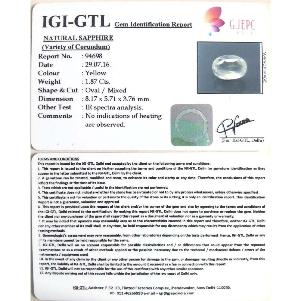 2.08 Ratti  yellow sapphire with Govt Lab Certificate-(YELSA9S)