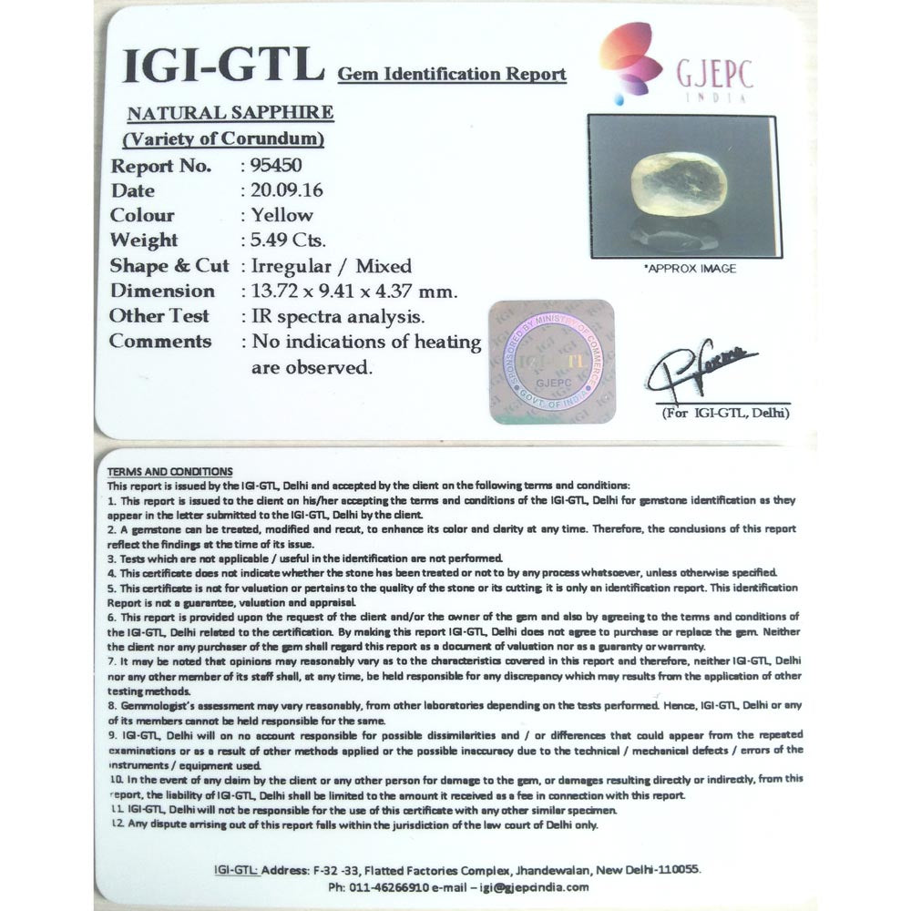 6.10 Ratti  yellow sapphire with Govt Lab Certificate-(YELSA9T)