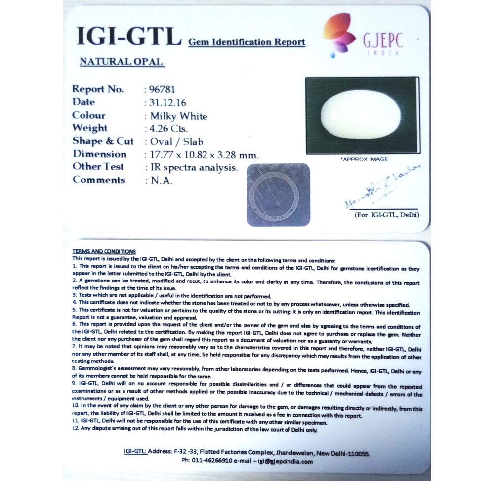 4.26/CT Natural Opal with Govt. Lab Certificate (610)