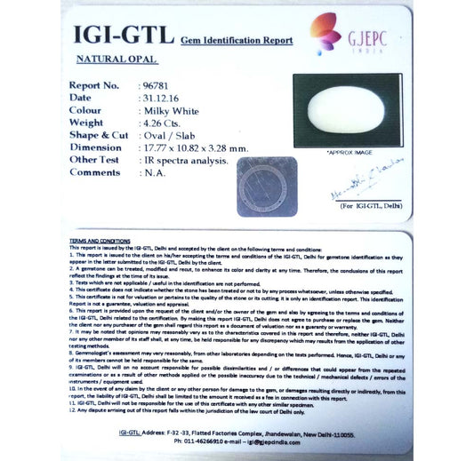 4.26/CT Natural Opal with Govt. Lab Certificate (610)