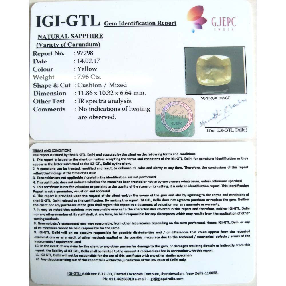 8.84 Ratti  Natural yellow sapphire with Govt Lab Certificate-(11000)