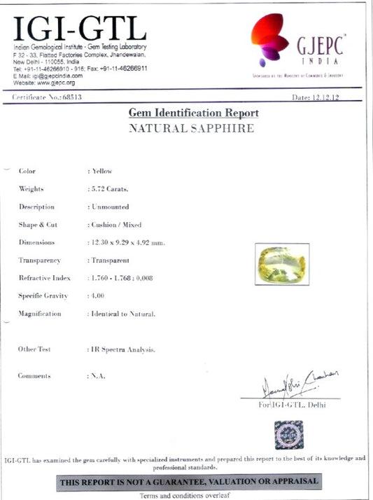 5.72/CT Natural Yellow Sapphire with Govt Lab Certificate-78810