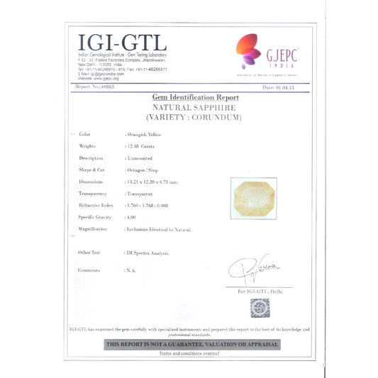 13.87 Ratti Natural yellow sapphire with Govt Lab Certificate-(6100)