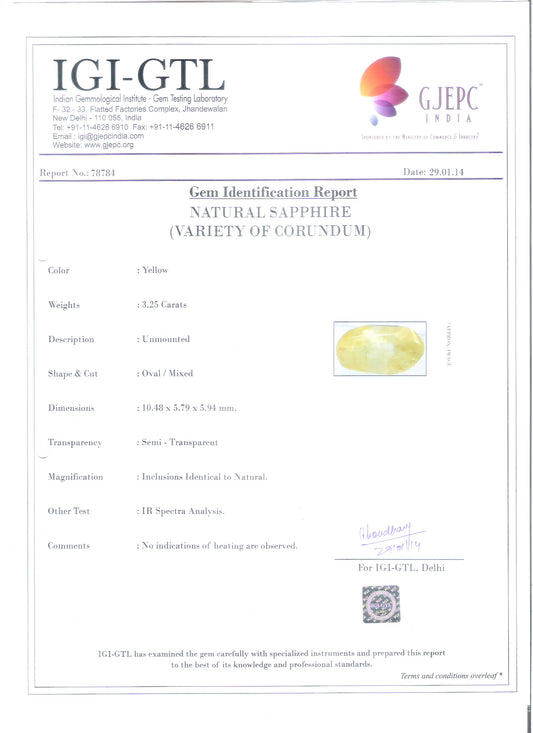 3.61 Ratti Natural yellow sapphire with Govt Lab Certificate