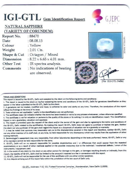 2.01/CT Natural Yellow Sapphire with Govt Lab Certificate-3441