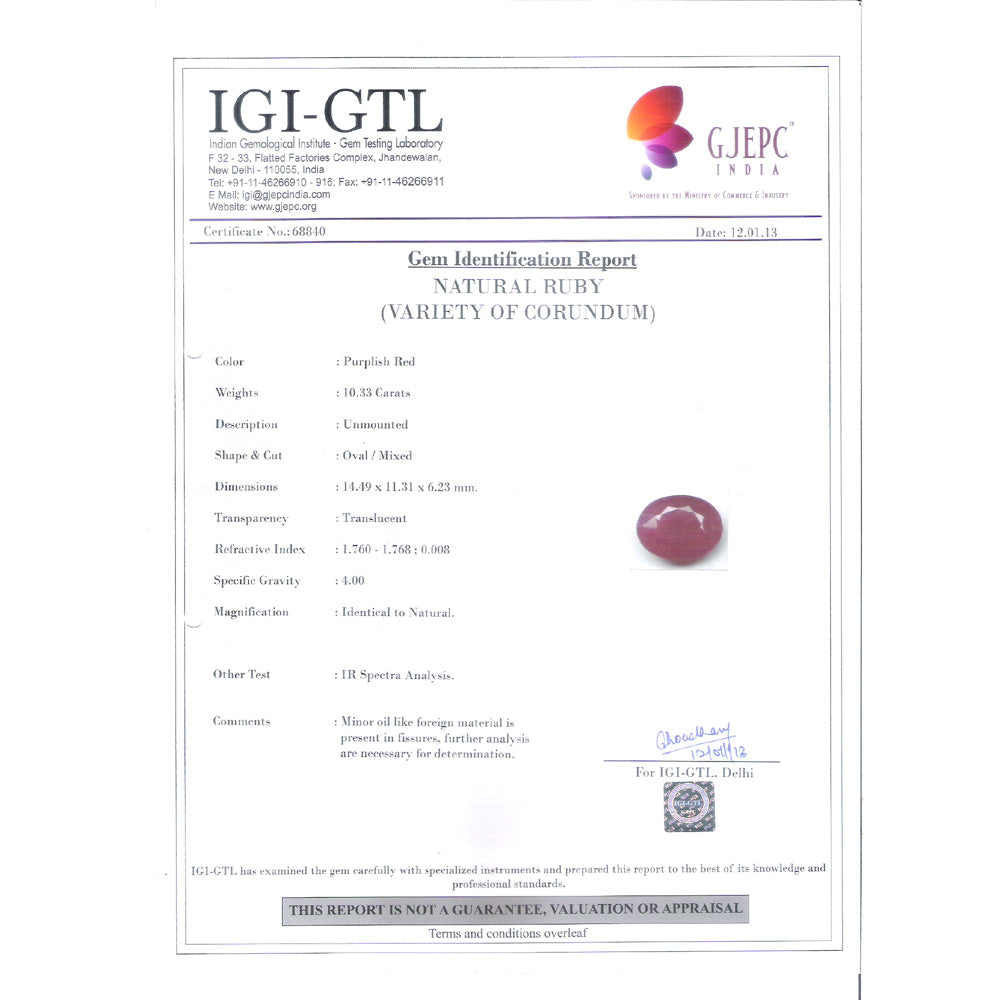 10.33/CT Natural Neo Burma ruby with Govt. Lab Certificate (5661)