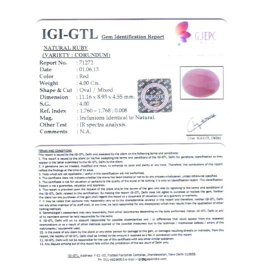 4.44 Ratti Natural New Burma Ruby with Govt. Lab Certificate-(5661)