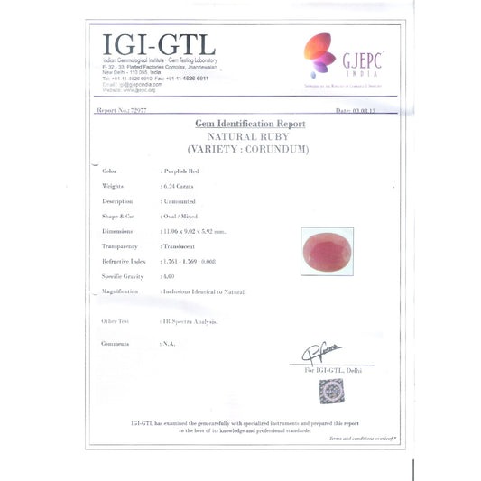 6.93 Ratti Natural New Burma Ruby with Govt. Lab Certificate-3100