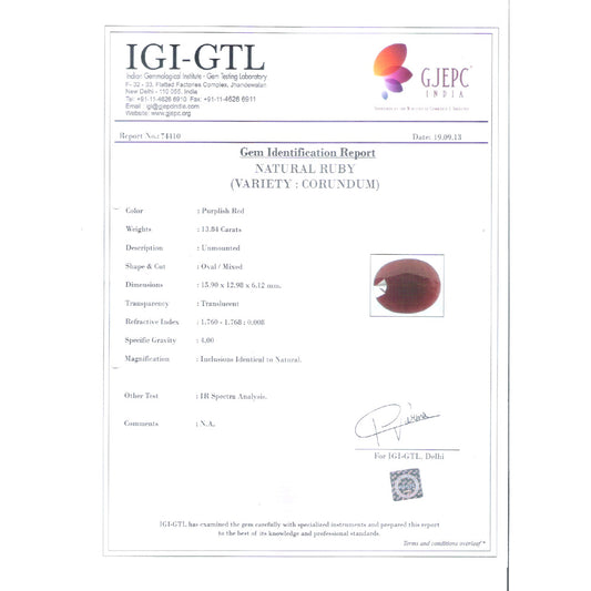 15.38 Ratti Natural Indian Ruby with Govt. Lab Certificate-(1221)