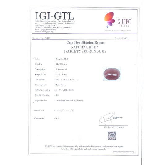 14.36 Ratti Natural Indian Ruby with Govt. Lab Certificate-(1221)