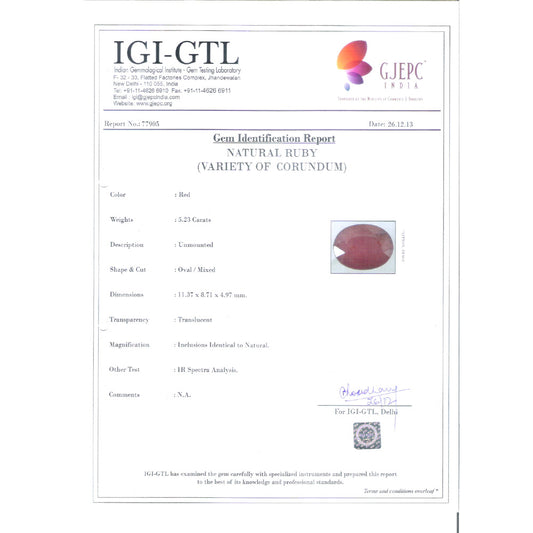 5.81 Ratti Natural Mozambique Ruby with Govt. Lab Certificate-(7100)