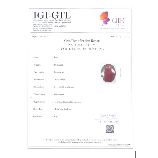 5.20 Ratti Natural Mozambique Ruby with Govt. Lab Certificate-(7100)